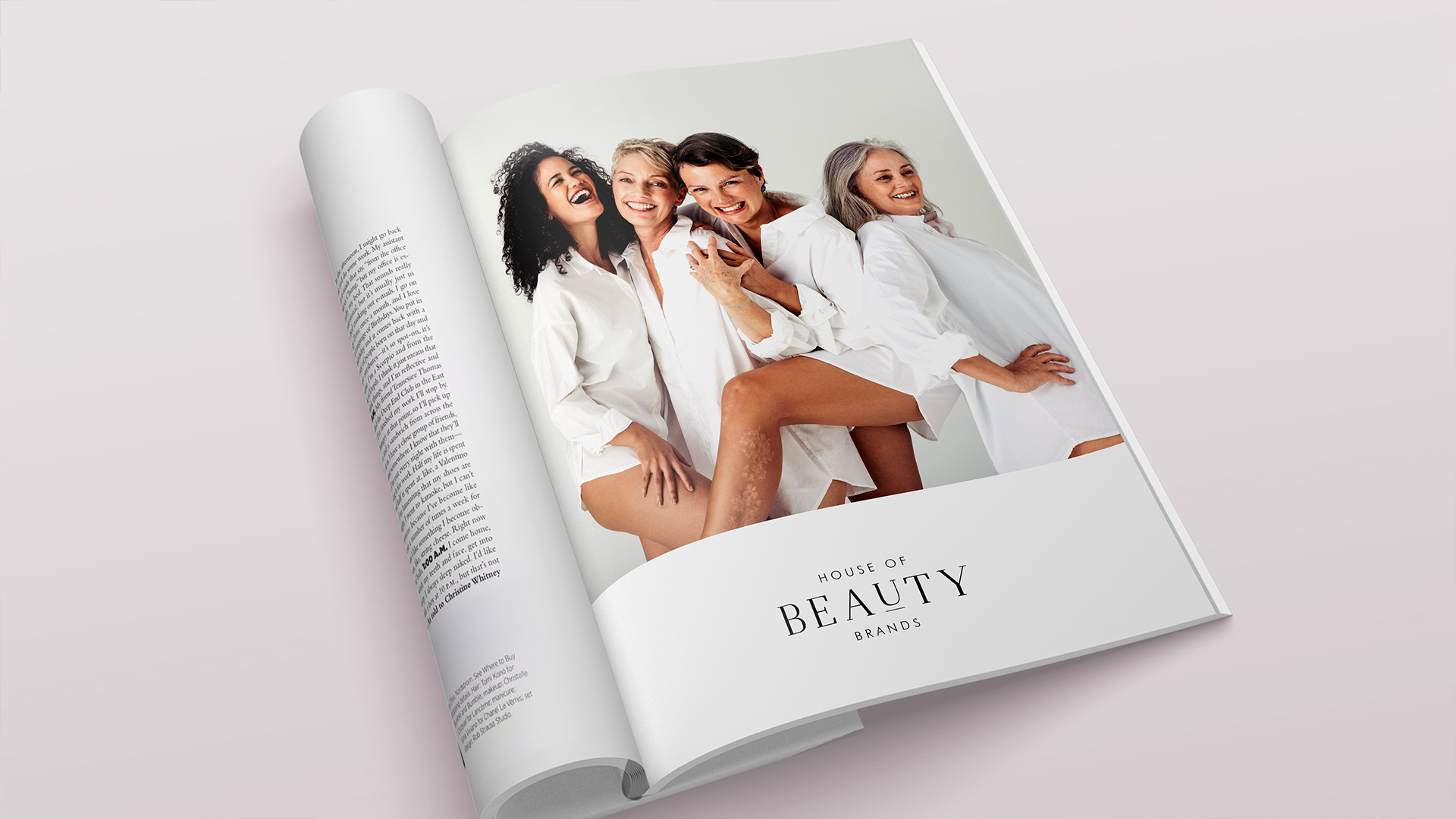 House Of Beauty Brands - strona magazynu kobiecego ze zdjciem dojrzałych uśmiechniętych kobiet ubranych w biale koszule; poniżej logo House of Beauty Brands